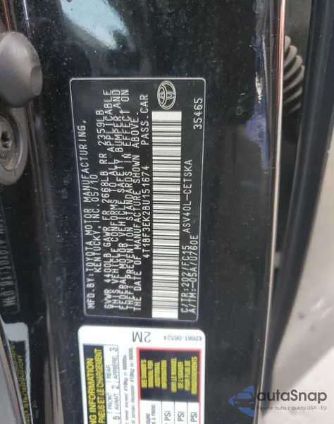 2011 Toyota Camry Base z USA, uszkodzony, nr VIN 4T1BF3EK2BU151674